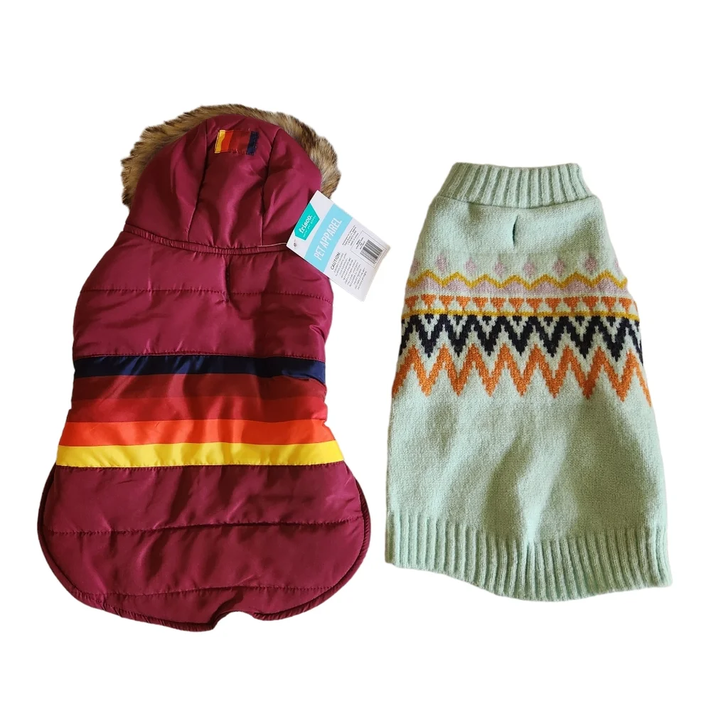 (2) TWO  Pet Apparel Small Dog /Cat  Parka and Sweater-  Up to 20lb
